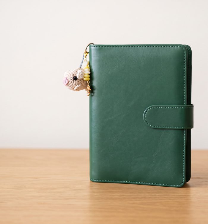 Handmade green A6 binder with a crochet piggy charm