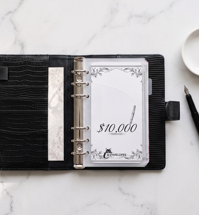 $10,000 sinking fund card in a black binder